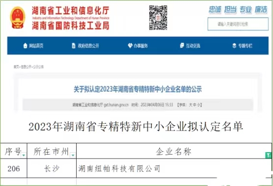 喜訊|紐帕科技獲評(píng)湖南省專精特新中小企業(yè)！